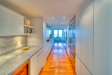 Inspiration for a mid-sized contemporary galley medium tone wood floor and brown floor eat-in kitchen remodel in Chicago with an undermount sink, flat-panel cabinets, white cabinets, quartzite countertops, white backsplash, stone slab backsplash, stainless steel appliances and no island