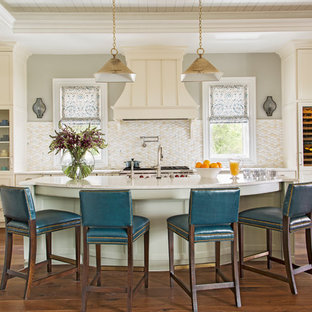 This is an example of a coastal galley kitchen/diner in Charleston with recessed-panel cabinets, beige splashback, mosaic tiled splashback, dark hardwood flooring and an island.