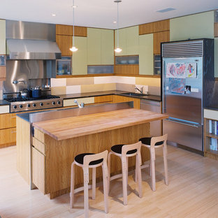 Example of a mid-sized minimalist u-shaped light wood floor eat-in kitchen design in San Francisco with flat-panel cabinets, green cabinets, wood countertops, multicolored backsplash, mosaic tile backsplash, stainless steel appliances and an undermount sink