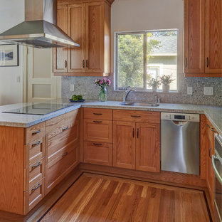 Small craftsman enclosed kitchen designs - Small arts and crafts u-shaped light wood floor and brown floor enclosed kitchen photo in San Francisco with an undermount sink, recessed-panel cabinets, medium tone wood cabinets, quartz countertops, gray backsplash, stone slab backsplash, stainless steel appliances, no island and gray countertops