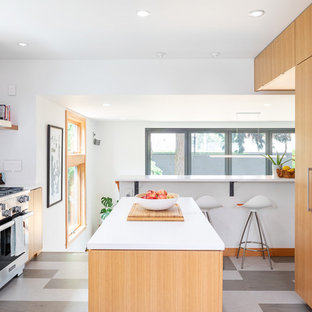 Small contemporary kitchen appliance - Inspiration for a small contemporary galley linoleum floor and multicolored floor kitchen remodel in Seattle with an undermount sink, flat-panel cabinets, light wood cabinets, quartz countertops, white backsplash, ceramic backsplash, stainless steel appliances, an island and white countertops