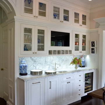 Bar in Kitchen  with White Cabinets & Glass Doors in Upper Cabinets