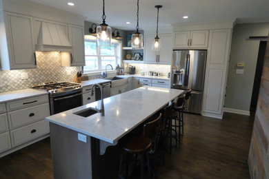Large eclectic l-shaped dark wood floor enclosed kitchen photo in Chicago with a farmhouse sink, raised-panel cabinets, distressed cabinets, quartz countertops, gray backsplash, stone tile backsplash, stainless steel appliances and an island