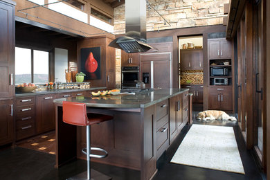 Kitchen - contemporary kitchen idea in Denver with shaker cabinets, dark wood cabinets and paneled appliances