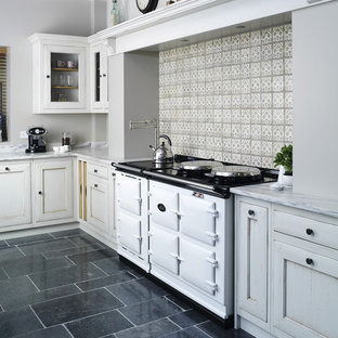 Design ideas for a large country l-shaped separate kitchen in Copenhagen with beaded inset cabinets, grey cabinets, marble benchtops, multi-coloured splashback, ceramic splashback, ceramic floors and no island.