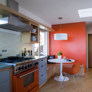 Design ideas for a contemporary kitchen in San Francisco with open cabinets, multi-coloured splashback and coloured appliances.