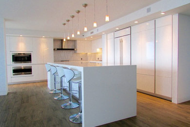 Foto de cocina moderna con suelo de madera en tonos medios, puertas de armario blancas, encimera de cuarzo compacto, electrodomésticos de acero inoxidable y una isla