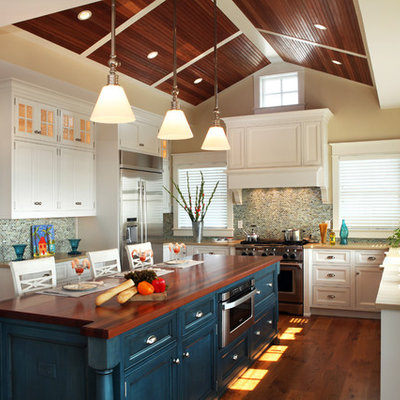 Beach style kitchen photo in Philadelphia with mosaic tile backsplash, stainless steel appliances and multicolored backsplash