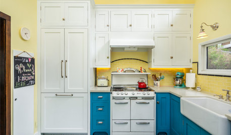 Yellow-and-Blue Kitchen Mixes Modern Amenities With Vintage Charm