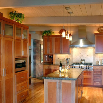 Beautiful red birch wood flooring and local madrona wood cabinets