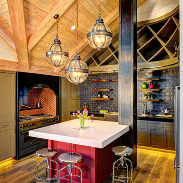 Rustic U-shape Kitchen with Vaulted Ceiling