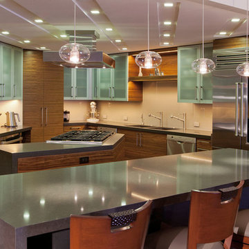 Contemporary Kitchen with White Glass Tile Backsplash