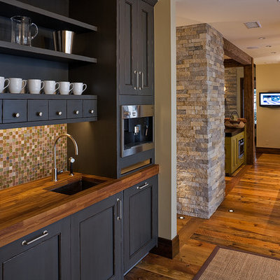 Mountain style kitchen photo in Denver with mosaic tile backsplash, wood countertops, multicolored backsplash, gray cabinets, recessed-panel cabinets and an undermount sink