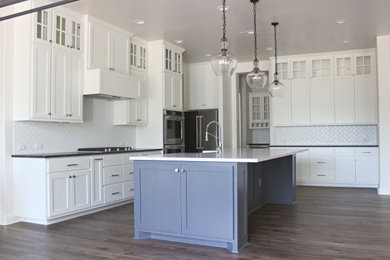 Country l-shaped medium tone wood floor and brown floor open concept kitchen photo in Austin with a farmhouse sink, shaker cabinets, white cabinets, white backsplash, subway tile backsplash, stainless steel appliances and an island