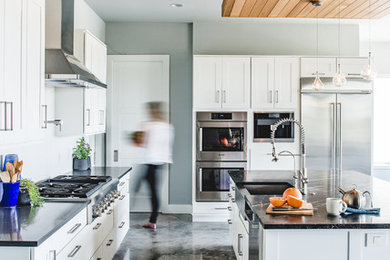 Kitchen - mid-sized transitional l-shaped concrete floor kitchen idea in Austin with a farmhouse sink, shaker cabinets, white cabinets, stainless steel appliances, an island, white backsplash, quartzite countertops, porcelain backsplash and black countertops