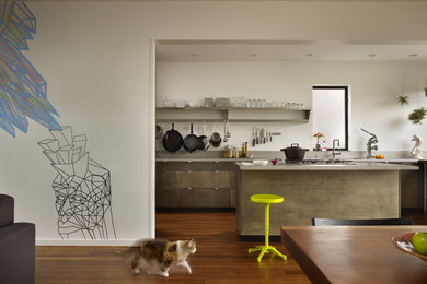 Bild på ett litet funkis kök, med bänkskiva i rostfritt stål, en enkel diskho, släta luckor, skåp i mellenmörkt trä, grått stänkskydd, rostfria vitvaror, mellanmörkt trägolv och en köksö