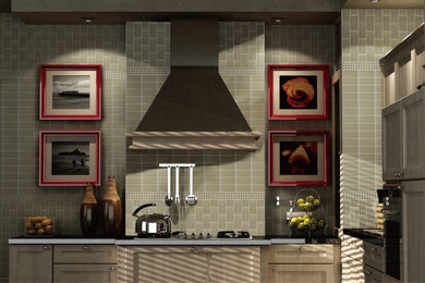 Modelo de cocina comedor contemporánea de tamaño medio con salpicadero beige y salpicadero de azulejos tipo metro