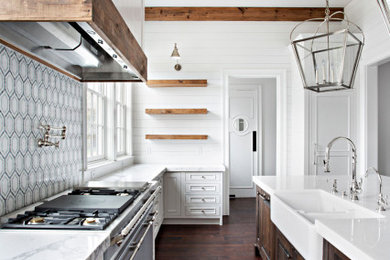 Inspiration for a galley dark wood floor and brown floor kitchen remodel in Other with a farmhouse sink