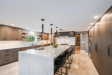 Eat-in kitchen - contemporary eat-in kitchen idea in Tampa with flat-panel cabinets, brown cabinets, quartz countertops, white backsplash, quartz backsplash, stainless steel appliances, an island and white countertops