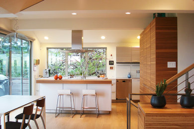 Trendy kitchen photo in San Francisco with flat-panel cabinets, white cabinets and an island