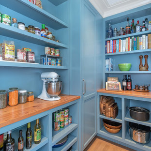 This is an example of a transitional kitchen pantry in San Francisco with blue cabinets, open cabinets, wood benchtops, medium hardwood floors, brown floor and brown benchtop.