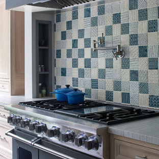 Large transitional eat-in kitchen pictures - Inspiration for a large transitional u-shaped porcelain tile eat-in kitchen remodel in New York with a farmhouse sink, recessed-panel cabinets, light wood cabinets, quartzite countertops, gray backsplash, ceramic backsplash, paneled appliances and an island