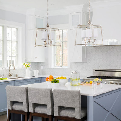 Kitchen - large transitional l-shaped dark wood floor and brown floor kitchen idea in DC Metro with an undermount sink, recessed-panel cabinets, blue cabinets, quartz countertops, gray backsplash, mosaic tile backsplash, stainless steel appliances, an island and white countertops
