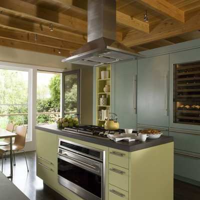 Example of a mid-sized eclectic l-shaped dark wood floor open concept kitchen design in San Francisco with green cabinets, paneled appliances, an island, an undermount sink, open cabinets and black backsplash
