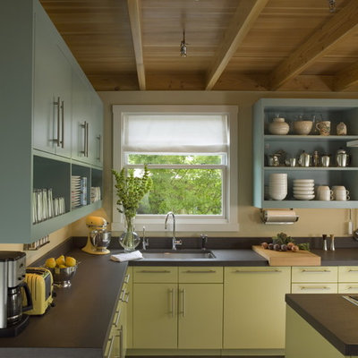 Open concept kitchen - mid-sized contemporary l-shaped dark wood floor open concept kitchen idea in San Francisco with open cabinets, paneled appliances, an island, an undermount sink, green cabinets and black backsplash