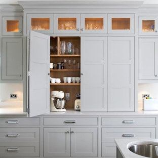 Transitional kitchen ideas - Transitional kitchen photo in Dublin with beaded inset cabinets, gray cabinets, quartz countertops and an undermount sink