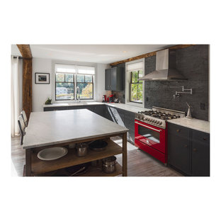 Inspiration for a large country u-shaped open plan kitchen in Other with a single-bowl sink, beaded inset cabinets, blue cabinets, marble benchtops, blue splashback, slate splashback, stainless steel appliances, painted wood floors, with island, grey floor and white benchtop.