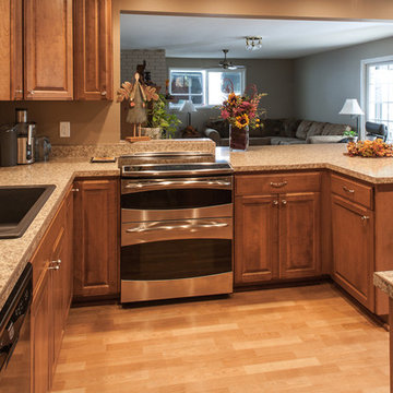 Birch Kitchen Cabinets, Laminate Flooring, Stainless Steel Double Oven