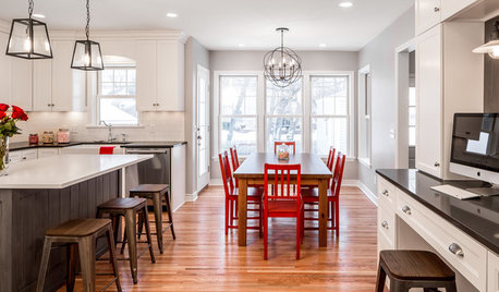 Reclaimed Siding and Red Accents Personalize a White Kitchen