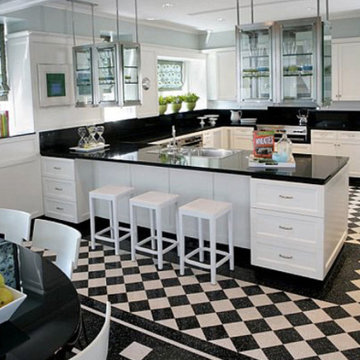Black and White Kitchen with Tile Pattern Floors