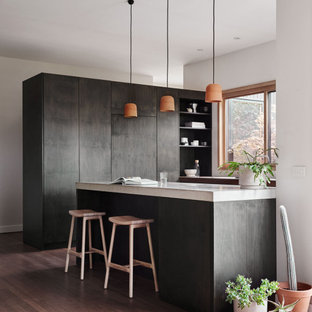 Photo of a contemporary kitchen in Melbourne with flat-panel cabinets, dark wood cabinets, medium hardwood floors and white benchtop.