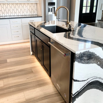 Black + White Cabinet Kitchen with Cambria Bentley Waterfall Top in New Build by