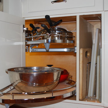 Blind Corner Pullout, Cutting Board Storage, and Interior Cabinet Lighting