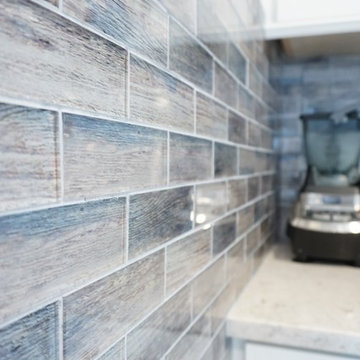 Blue & Beige Wood-like Glass Backsplash - 2x8 Subway on Mesh Tile