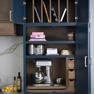 Blue and Hickory Modern Farmhouse Kitchen with a Baking Center Larder Cabinet