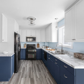 Blue & White Cabinets with Grey Details