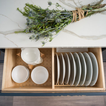 Blue & White Kitchen Island with an Organized Dish Rack Drawer for Dinner Plates