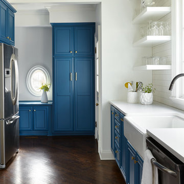 Blue and White Kitchen with Apron Front Sink