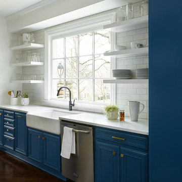 Blue and White Kitchen with Open Shelving
