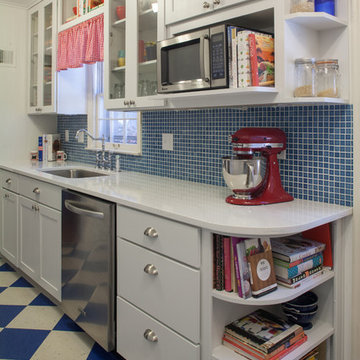 Blue & White Kitchen with red accents