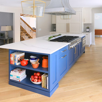 Blue & White Transitional Kitchen: Open Island Shelving