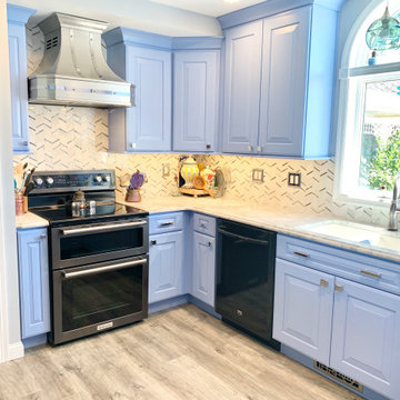 Blue Cabinet Kitchen With Glam Marble and Mirror Tile (Osco, IL)
