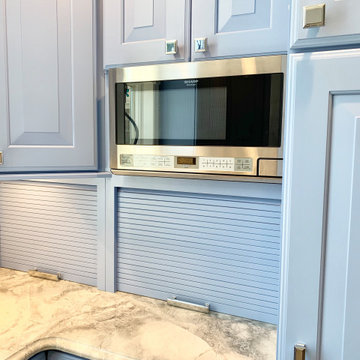 Blue Cabinet Kitchen With Glam Marble and Mirror Tile (Osco, IL)