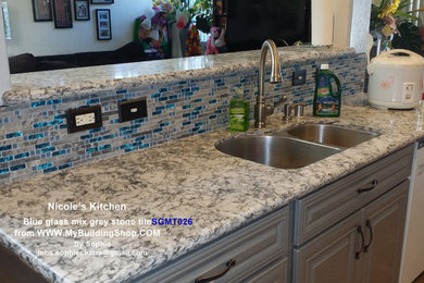 Blue Glass Grey Stone Mosaic Kitchen Wall Tile SGMT026