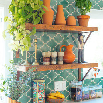 Blue Green Wave Tile with Open Shelving