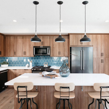 Blue Hexagon Backsplash Tile with Industrial Bar Stools